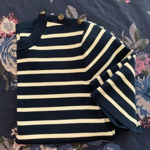 JCrew Navy/Ivory Stripe Short Sleeve Cotton Sweater Button Detail Like New XL